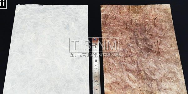 左邊為一般紙張，右邊為嵌入金屬納米粒子的導(dǎo)電紙